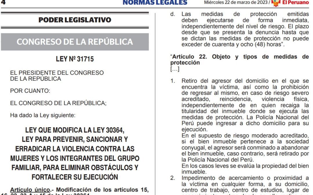 URGENTE | Ley 31715: medidas de protección deben ejecutarse de forma inmediata, independientemente del nivel de riesgo (modifican Ley 30364)